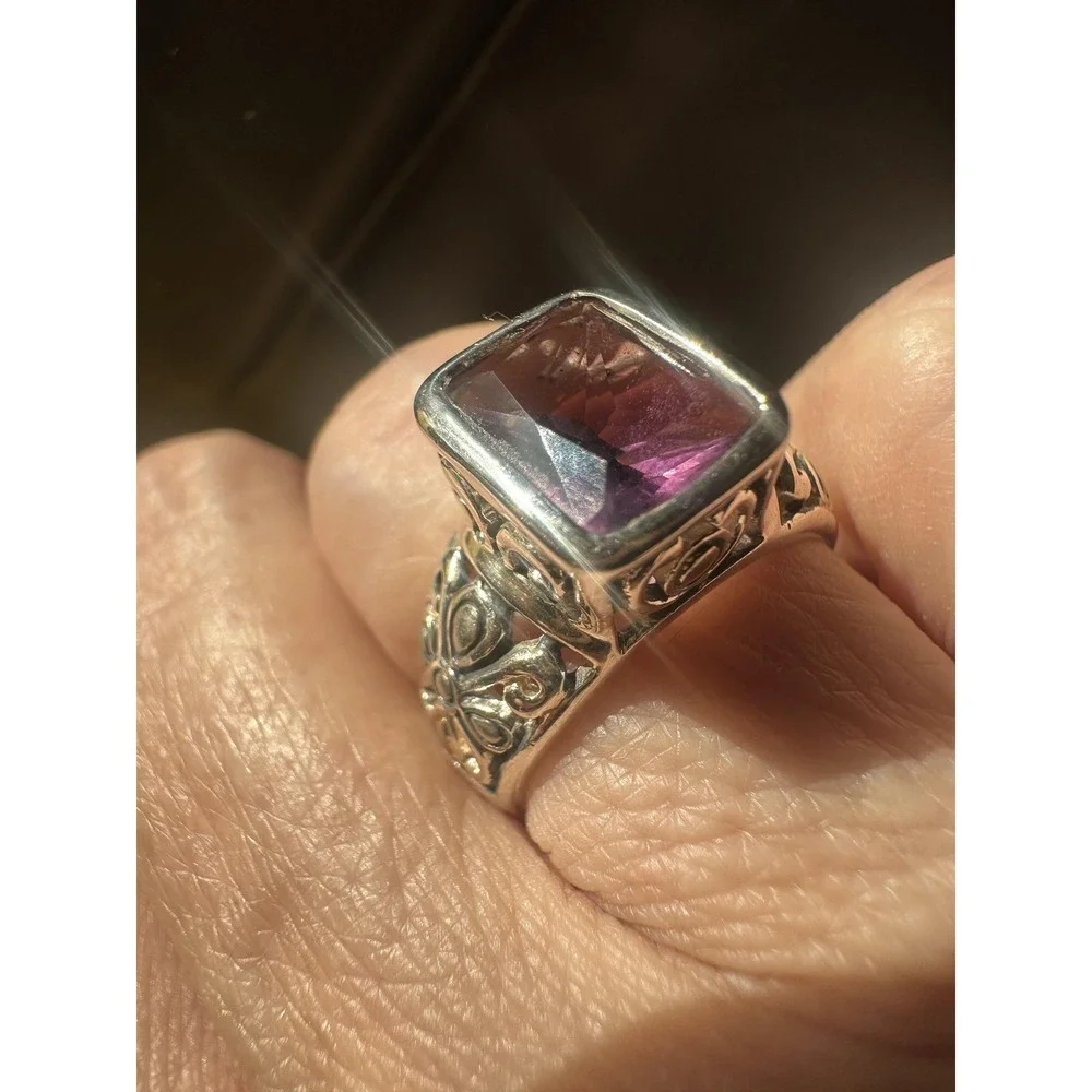 VTG 925 Sterling Silver Amethyst Ring Womens‎ Cushion Bezel Filigree Bali Style